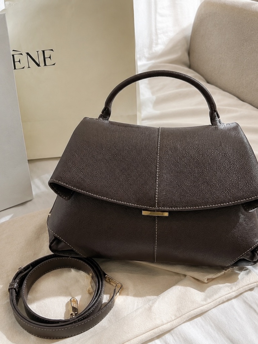 Polene Dark Brown Leather Top-Handle Satchel with Gold Hardware